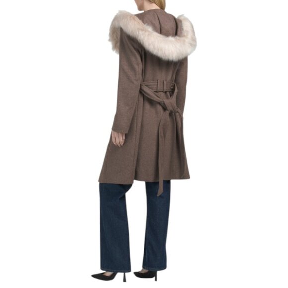 COLE HAAN Portabella Wool Blend Faux Fur Trim Wrap Coat - Picture 2 of 2